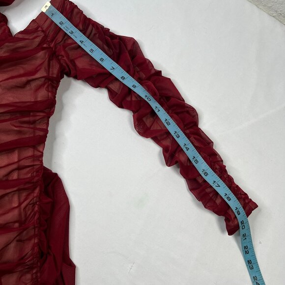 House of CB London Fifi Dress Sheer Ruched Mini Off Shoulder Red Wine Medium - Picture 9 of 16